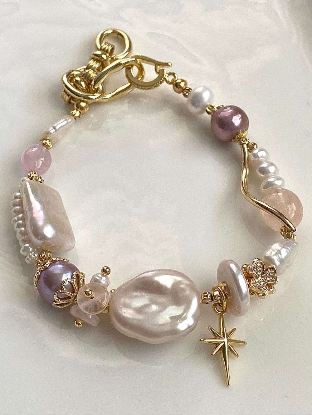B181-Handmade Keshi Pearl, Purple Pearl And Rose Quartz Braided Bracelet